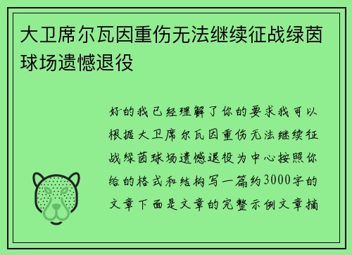 大卫席尔瓦因重伤无法继续征战绿茵球场遗憾退役